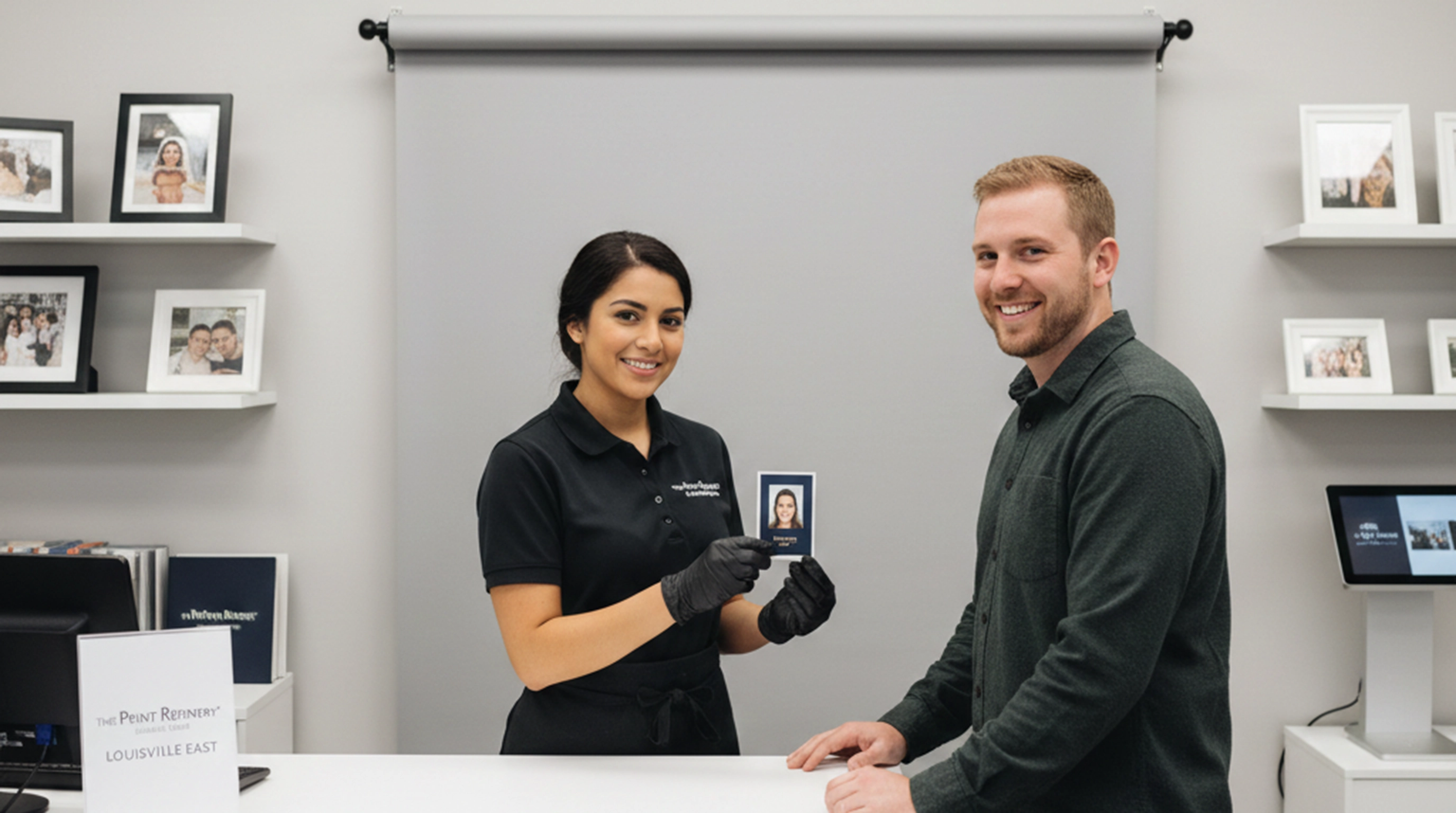 Modern passport photo station inside The Print Refinery® Louisville East, featuring a seated customer in front of a neutral compliant backdrop with professional studio lighting. A technician adjusts the camera and reviews images on a nearby monitor, with p