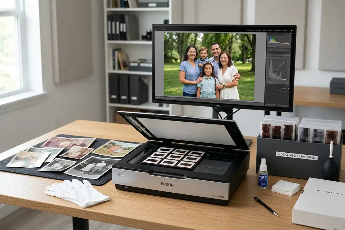 Old photographs, film strips, and a monitor displaying a restored image in a clean archival workspace