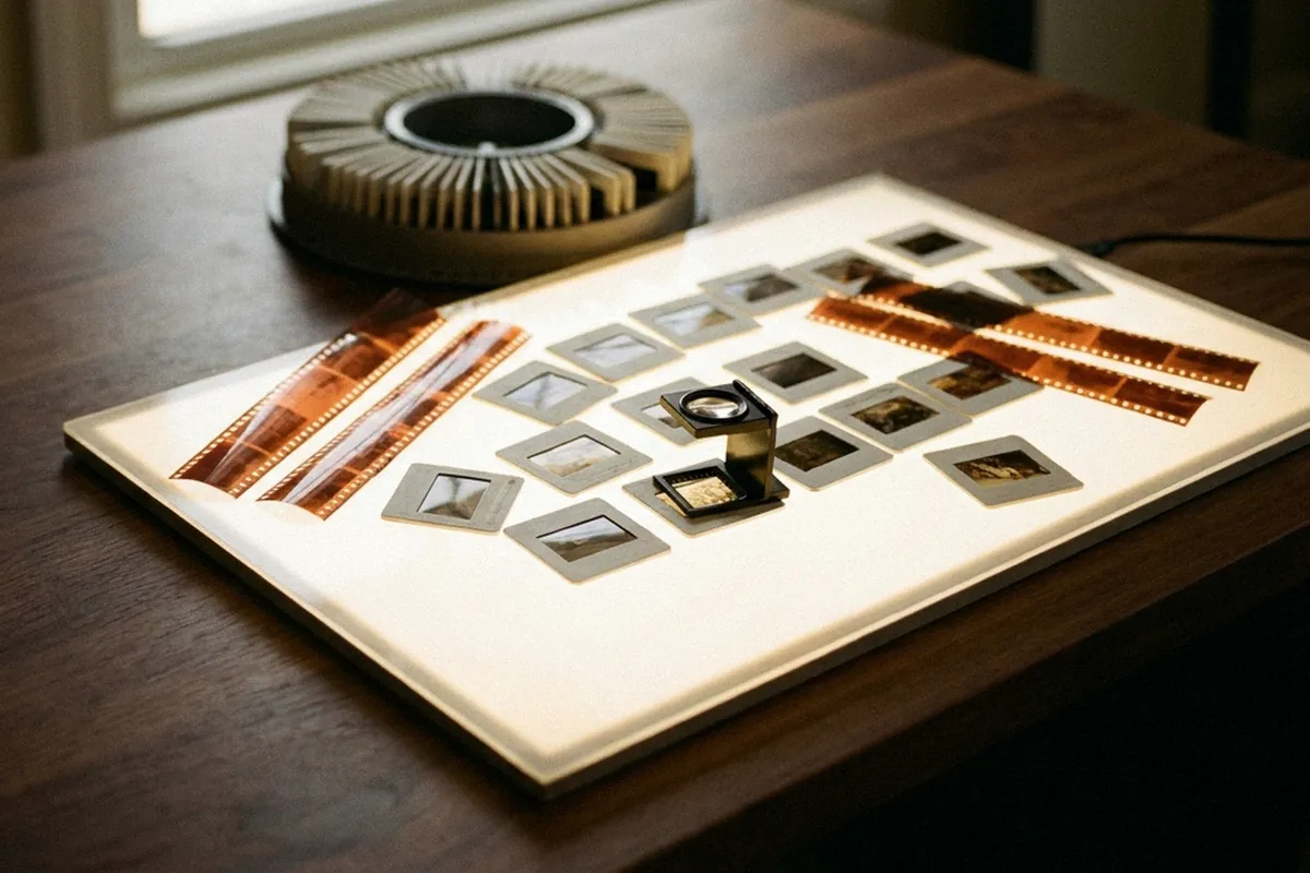 Mounted 35mm slides and negative strips glowing on a light panel.