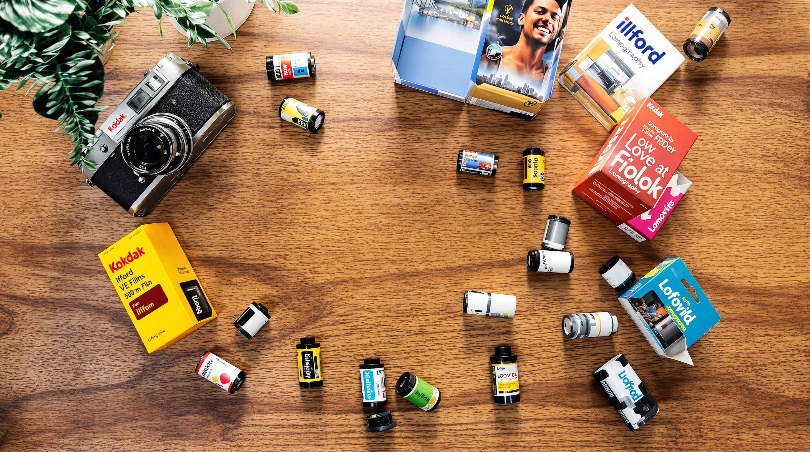 A beautifully arranged flat-lay photograph featuring various film rolls from Kodak, Ilford, and Lomography with their colorful packaging open, displayed on a wooden table with a vintage film camera and Louisville skyline visible through a nearby window, na