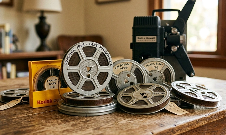 8mm home movie film reel being transferred to digital at Mark's Photo and Video Grand Rapids MI