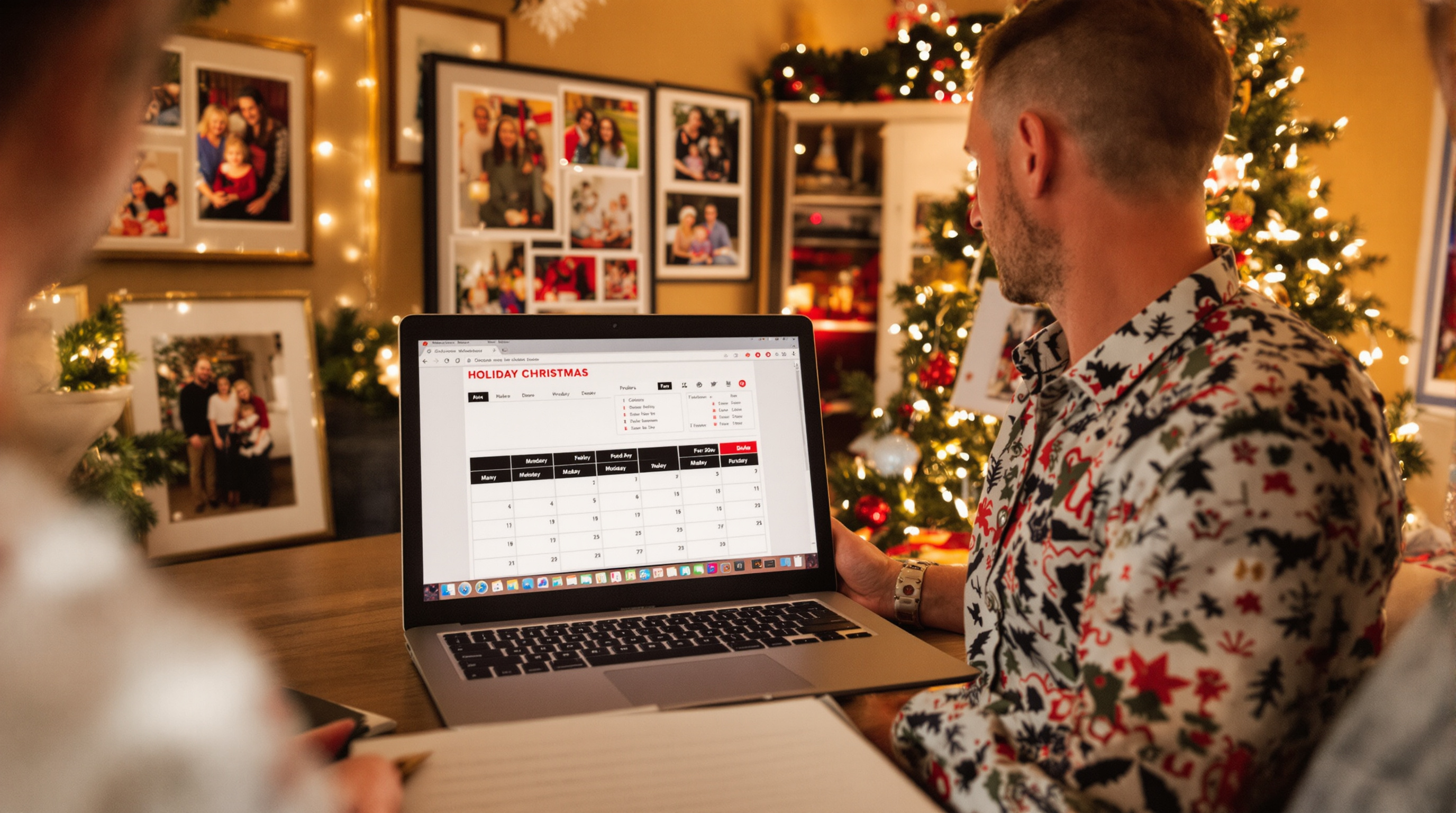 Photographer reviewing holiday portrait session calendar on laptop in Louisville studio with Christmas family prints