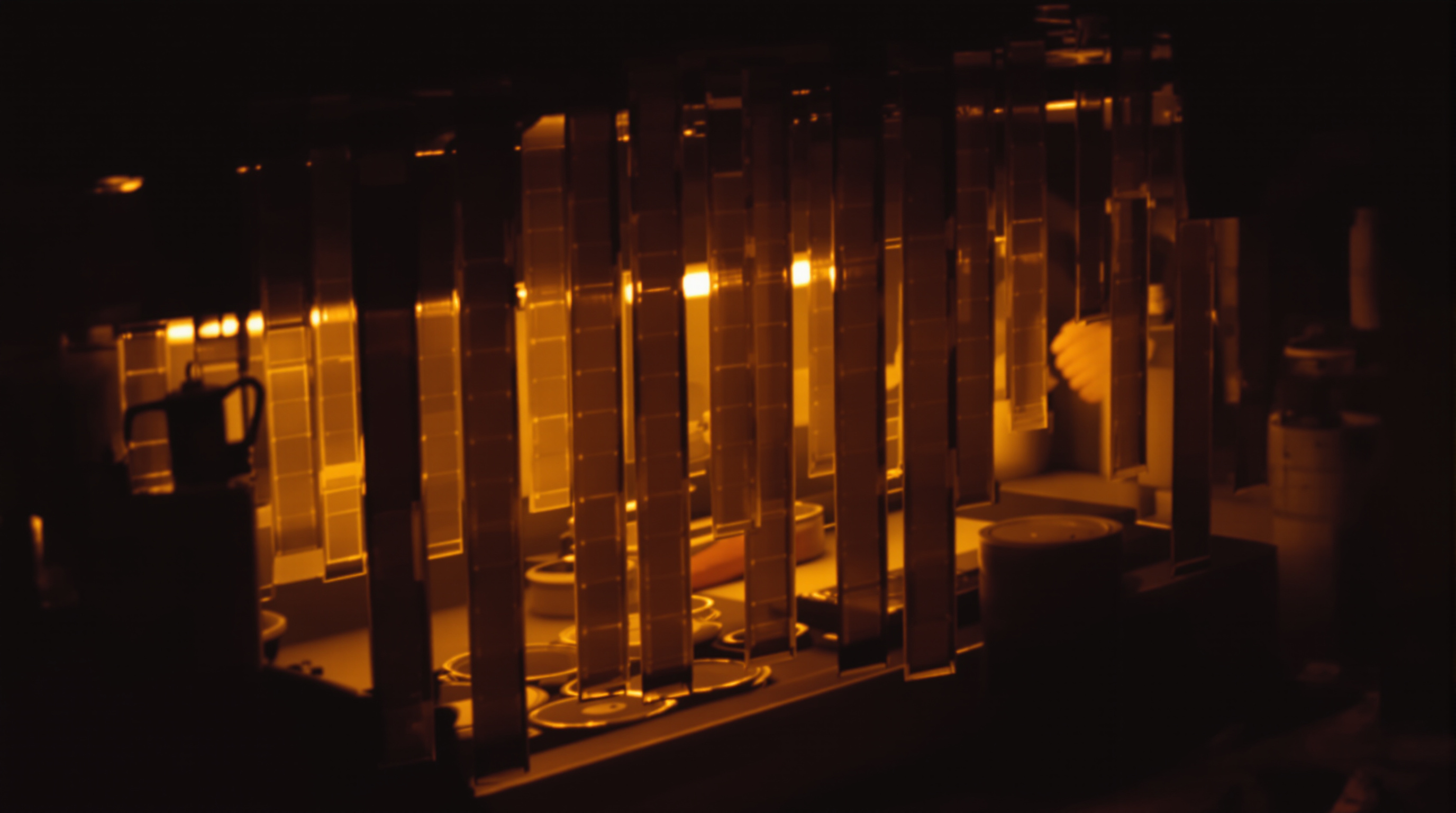 A moody, atmospheric photograph of a darkroom bathed in amber safelight, showing hands carefully developing a roll of 35mm film. In the foreground, strips of processed negatives hang to dry while an enlarger projects light through a frame onto photographic