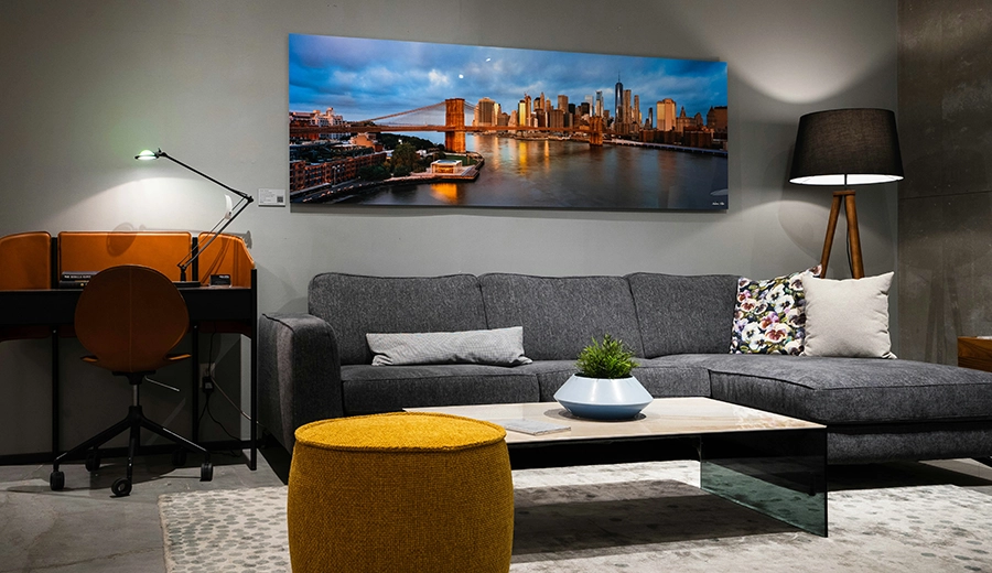large metal print above a couch