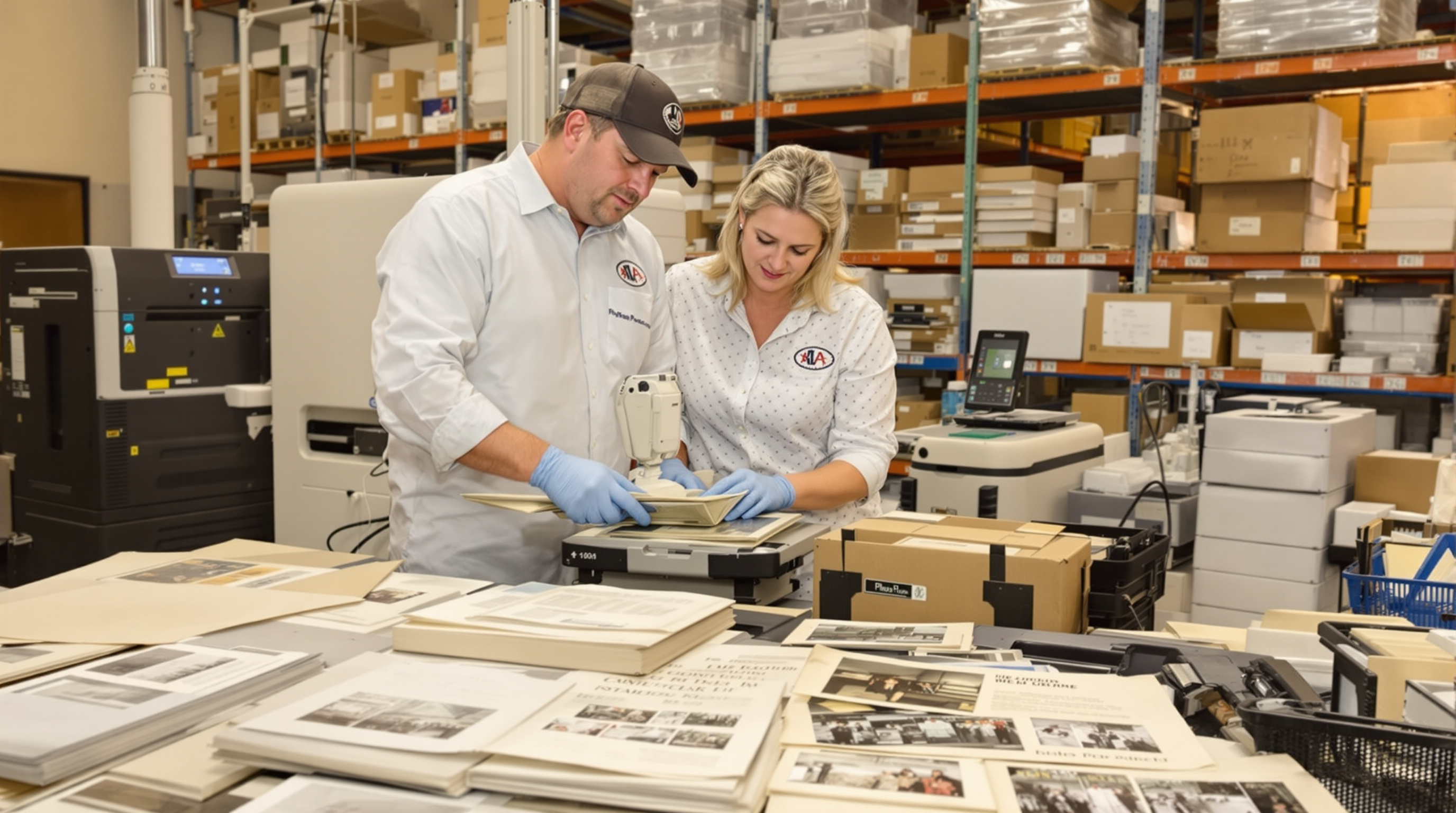 Professional archiving service in Louisville, Kentucky with technicians in white gloves carefully scanning vintage company photographs and historical business documents, modern scanning equipment visible alongside organized storage systems in a secure faci