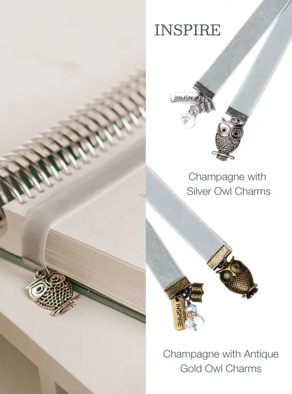 Dutch & Deckle Planner with Champagne Velvet Bookmark with Silver and Antique Gold Owl and Charm