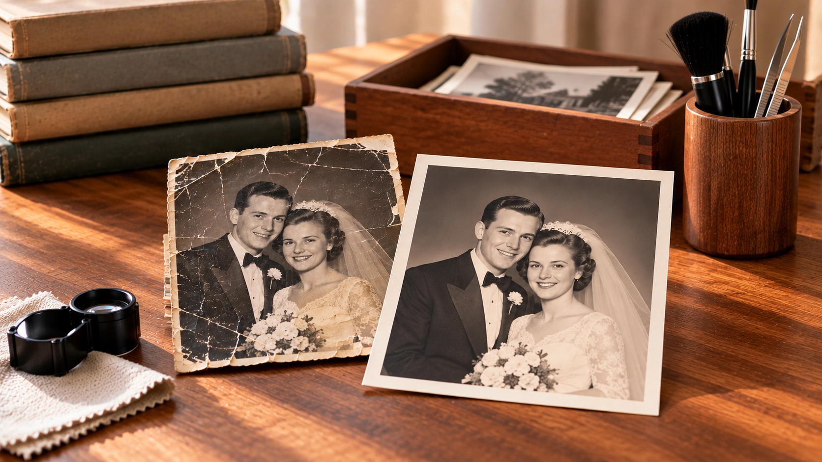 Damaged vintage wedding photograph displayed beside a restored version