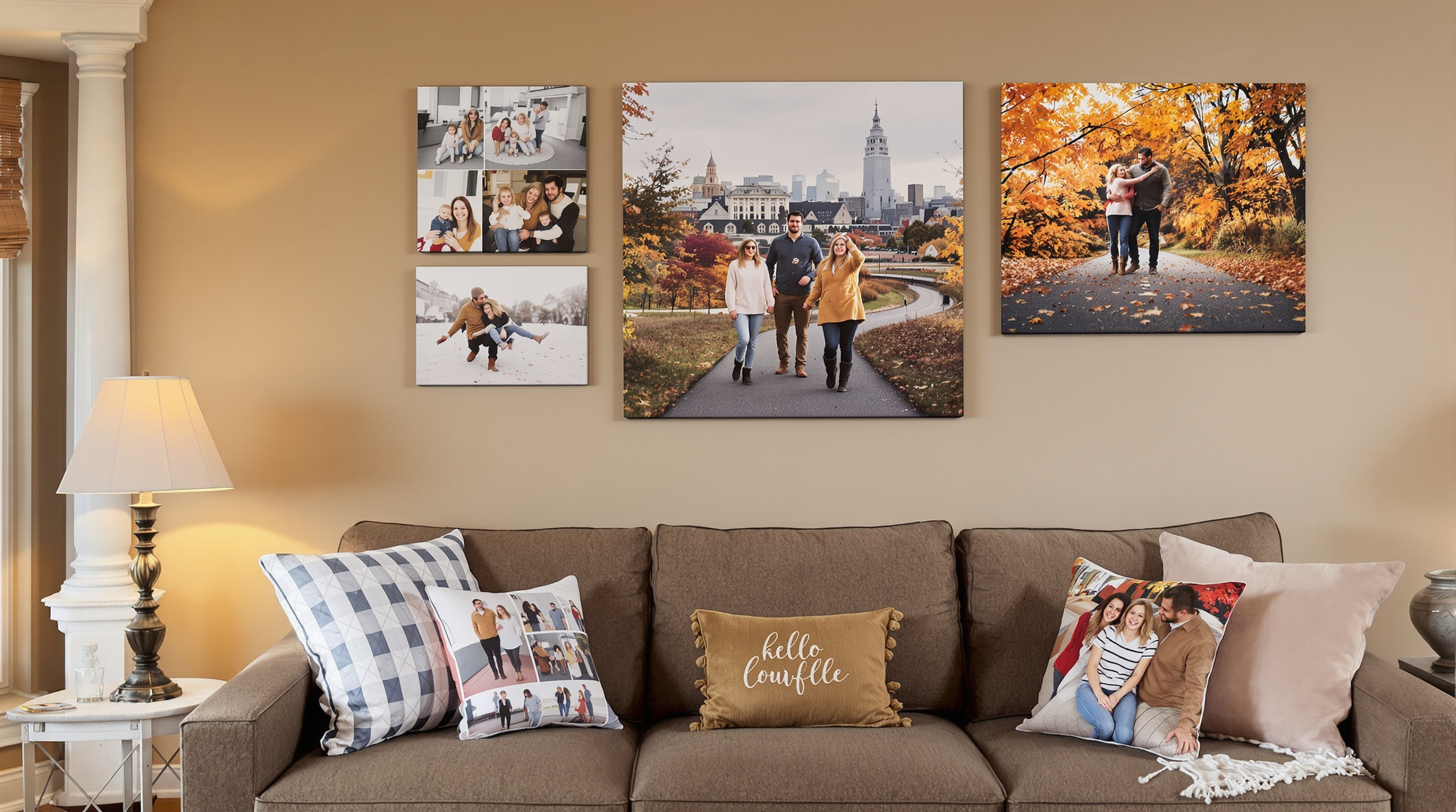Professional photography of a cozy living room featuring personalized canvas prints on the wall showing family photos, custom photo pillows on a comfortable sofa, and seasonal wall art with autumn colors. The room has warm lighting and a Louisville citysca