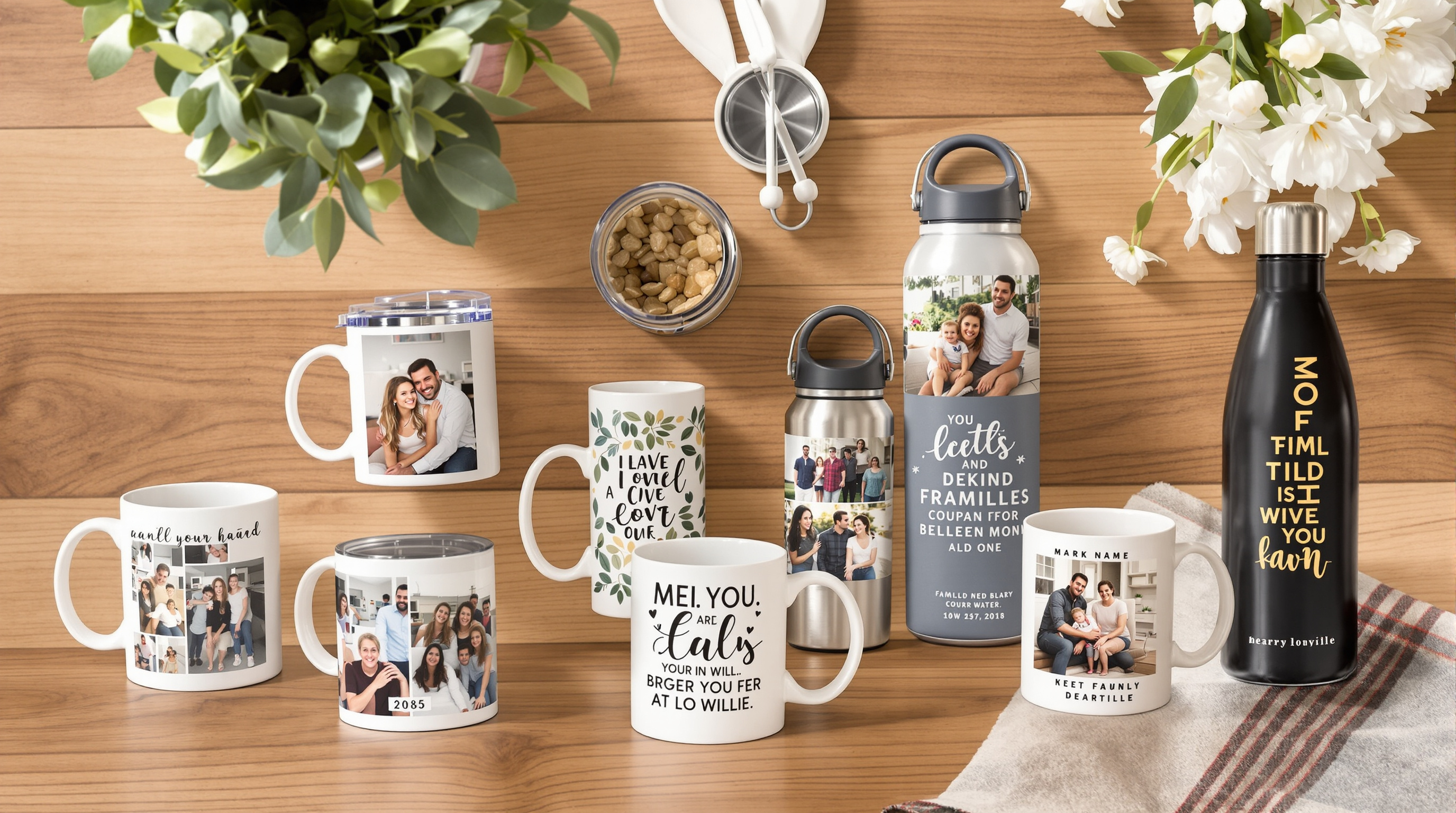 A warm and inviting flat-lay photograph of a collection of custom photo mugs, personalized stainless steel tumblers, and custom water bottles arranged on a wooden table in Louisville. The mugs feature printed family photos and heartfelt messages. Soft natu
