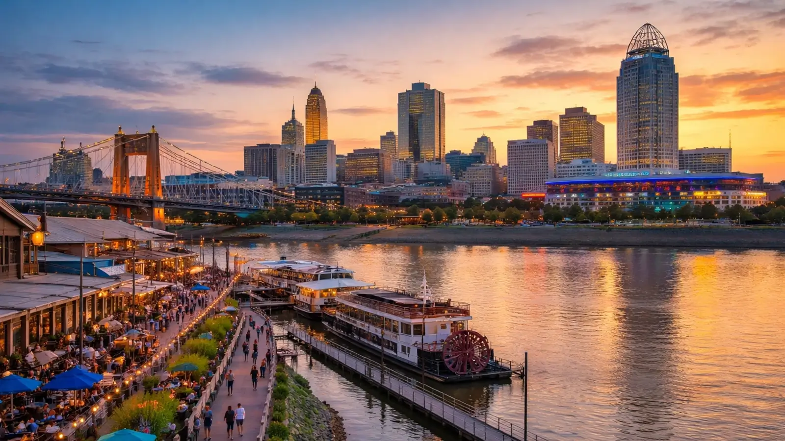 Newport, Kentucky riverfront and levee area with the skyline across the river