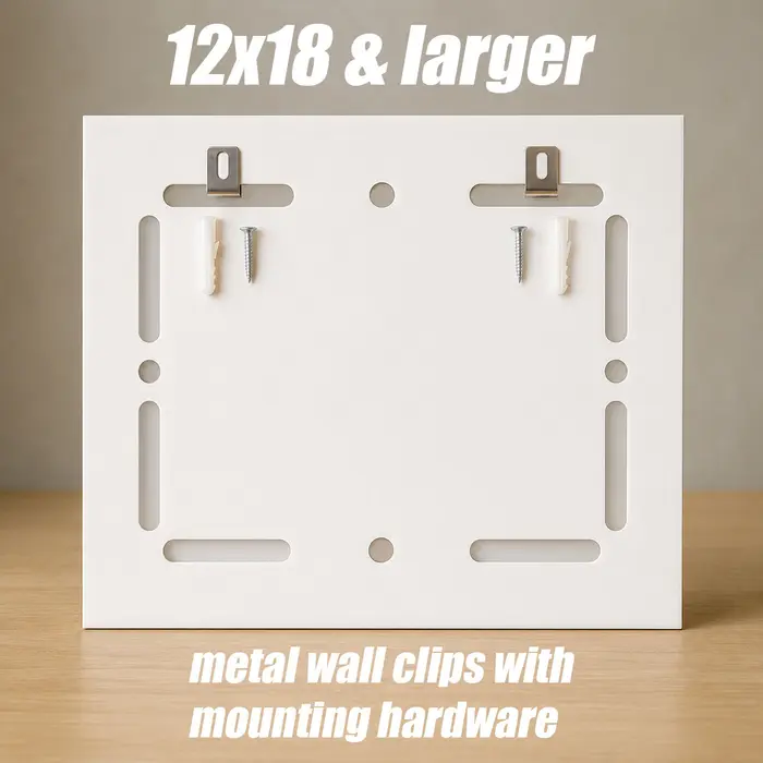 Back of a standout mount at 12x18 and larger, showing metal wall clips with anchors and screws
