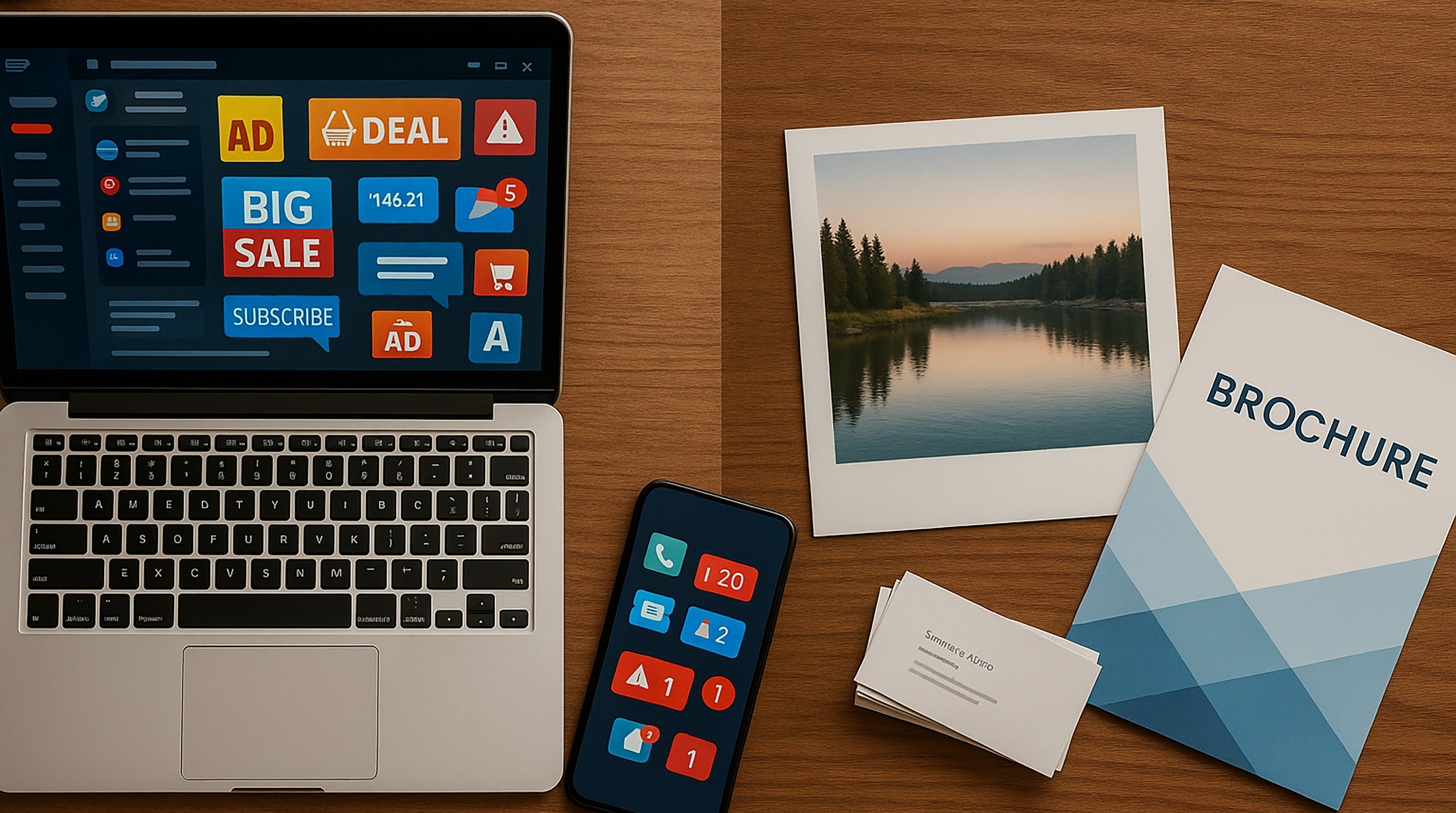 Digital clutter vs print clarity with laptop, phone, photo, and brochure