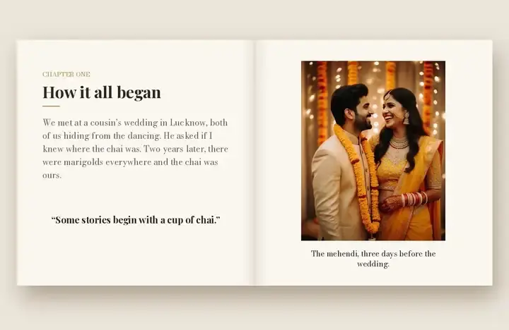 Katha story photo book – chapter opening page with text and photo