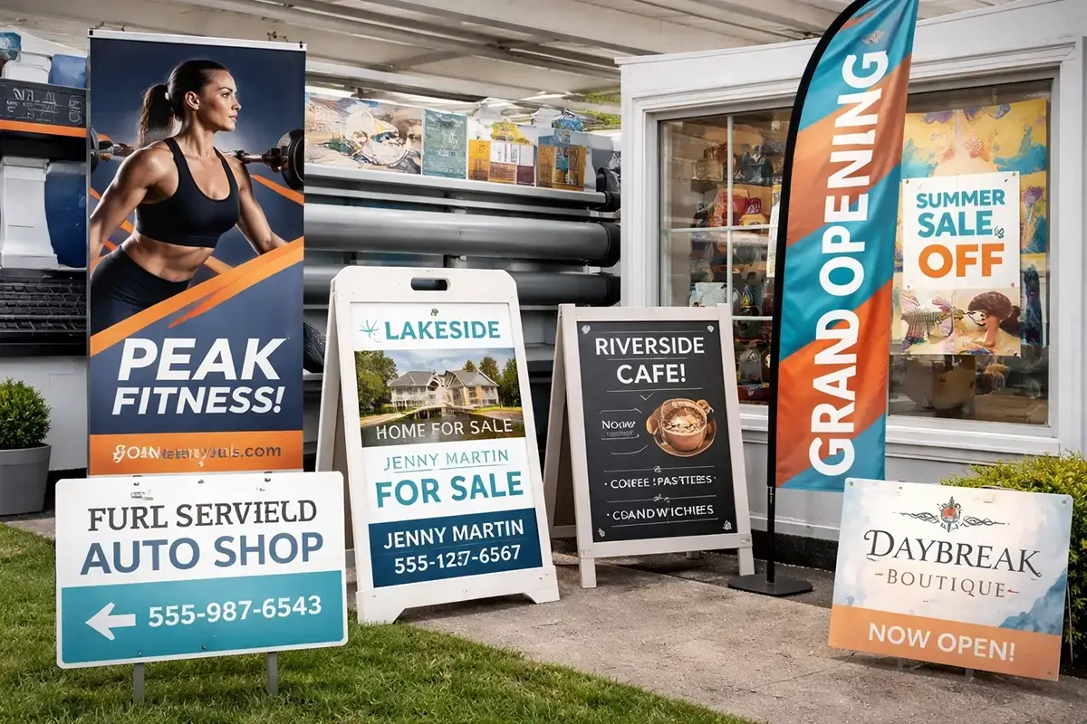 Large format posters, foam board prints, and banner samples in a clean professional print production setting