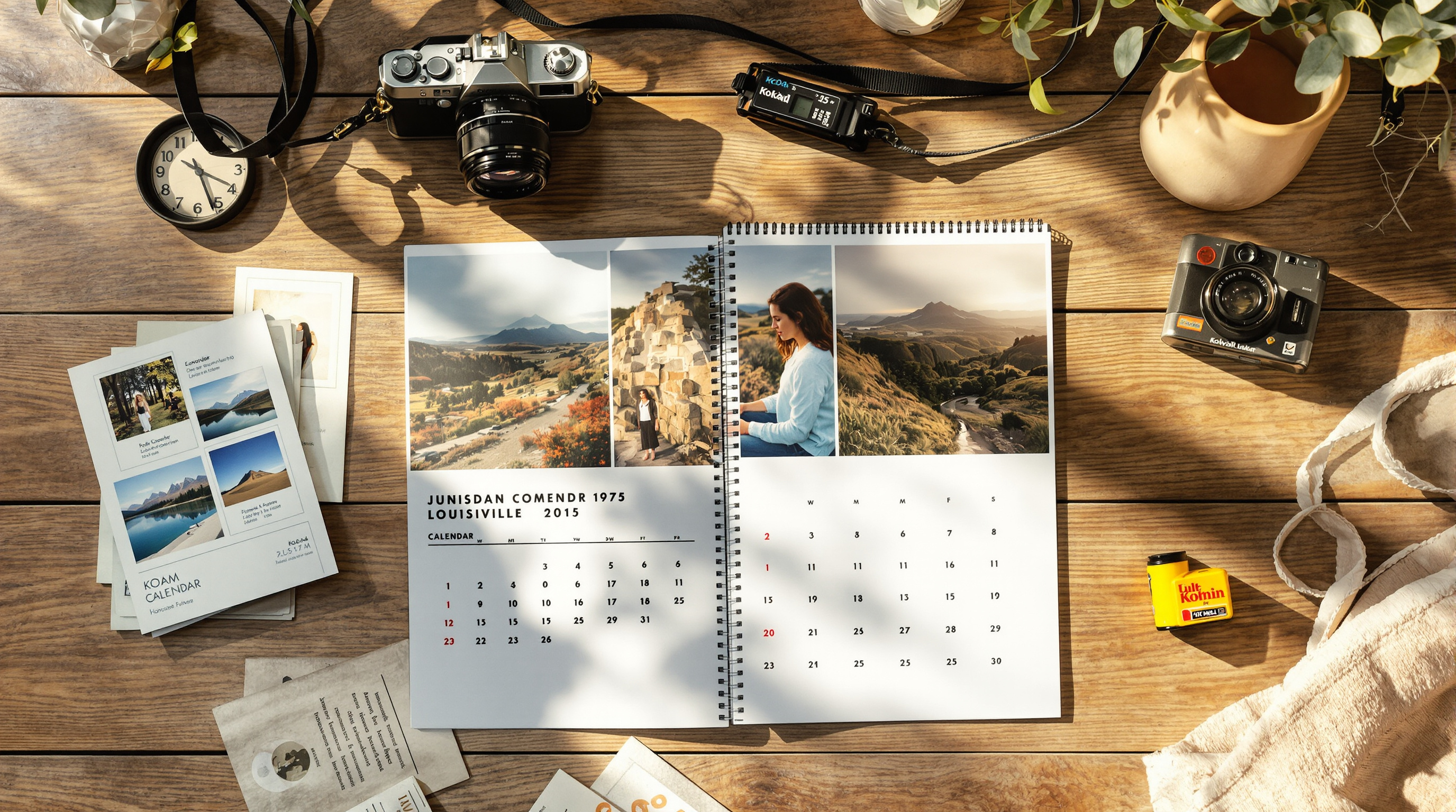 Custom wall calendar with film photography flat lay alongside vintage 35mm camera, film negatives, and Kodak film roll on rustic wood