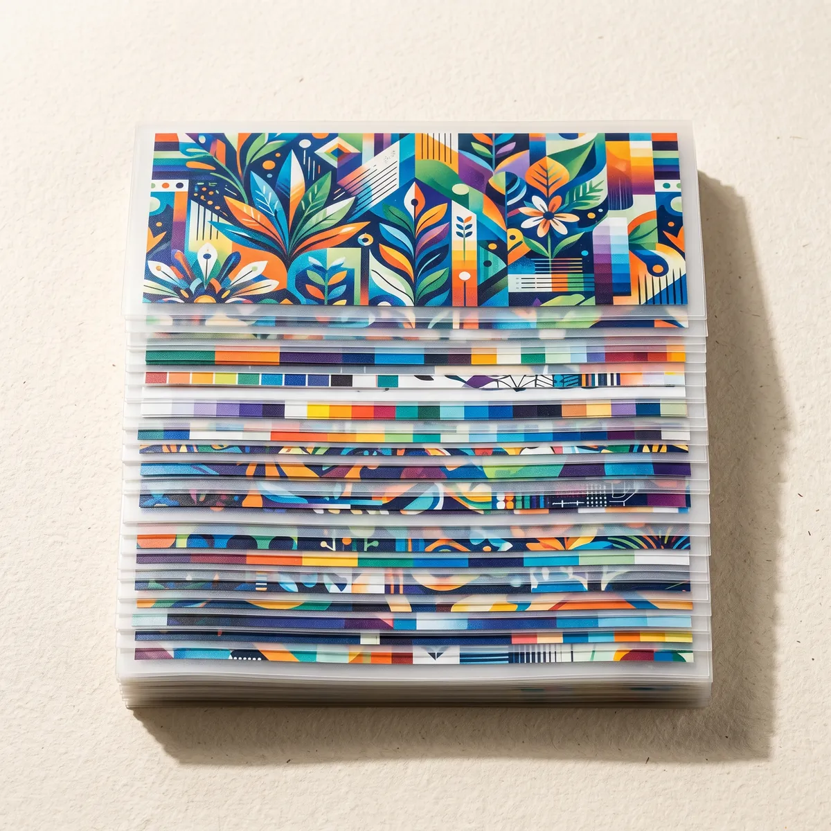 Stack of DTF transfer sheets with colorful printed designs on an off-white surface.