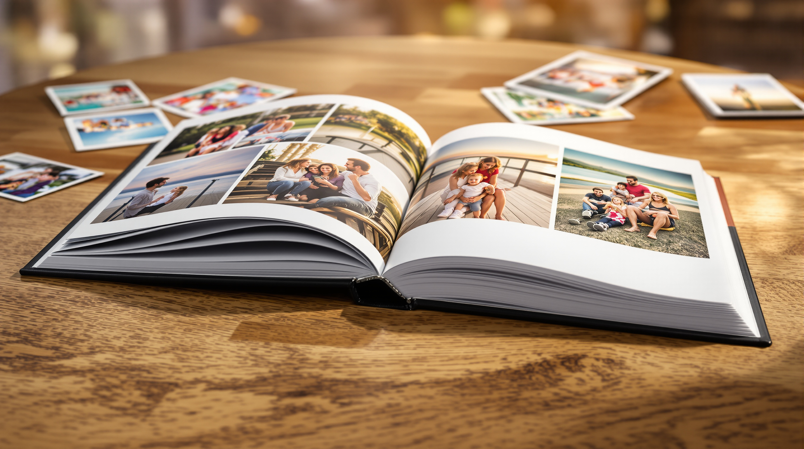 A beautifully crafted lay flat photo book open on a wooden table, showing vibrant family portraits and travel photos, surrounded by loose printed photos, warm natural light, professional photography studio setting, bokeh background, photorealistic