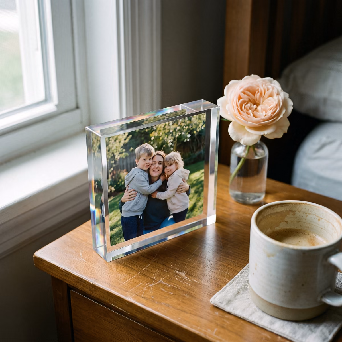 Acrylic photo block of kids hugging their mom on a nightstand