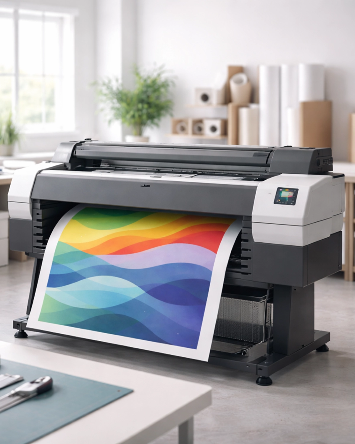Wide-format printer workspace photo used as thumbnail for Bleed Guides.
