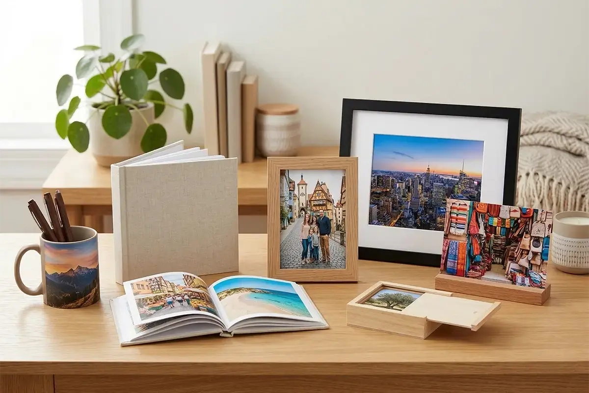 Photo gifts such as mugs desk prints mini books and small framed prints arranged in a clean modern setting