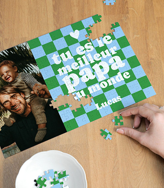 Puzzle personnalisé papa damier vert avec photo et message meilleur papa du monde