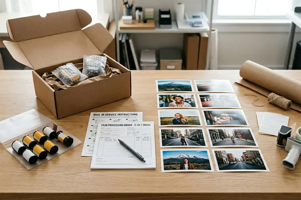 Clean mail-in film and print service kit with film rolls, order materials, and protective packaging on a tabletop