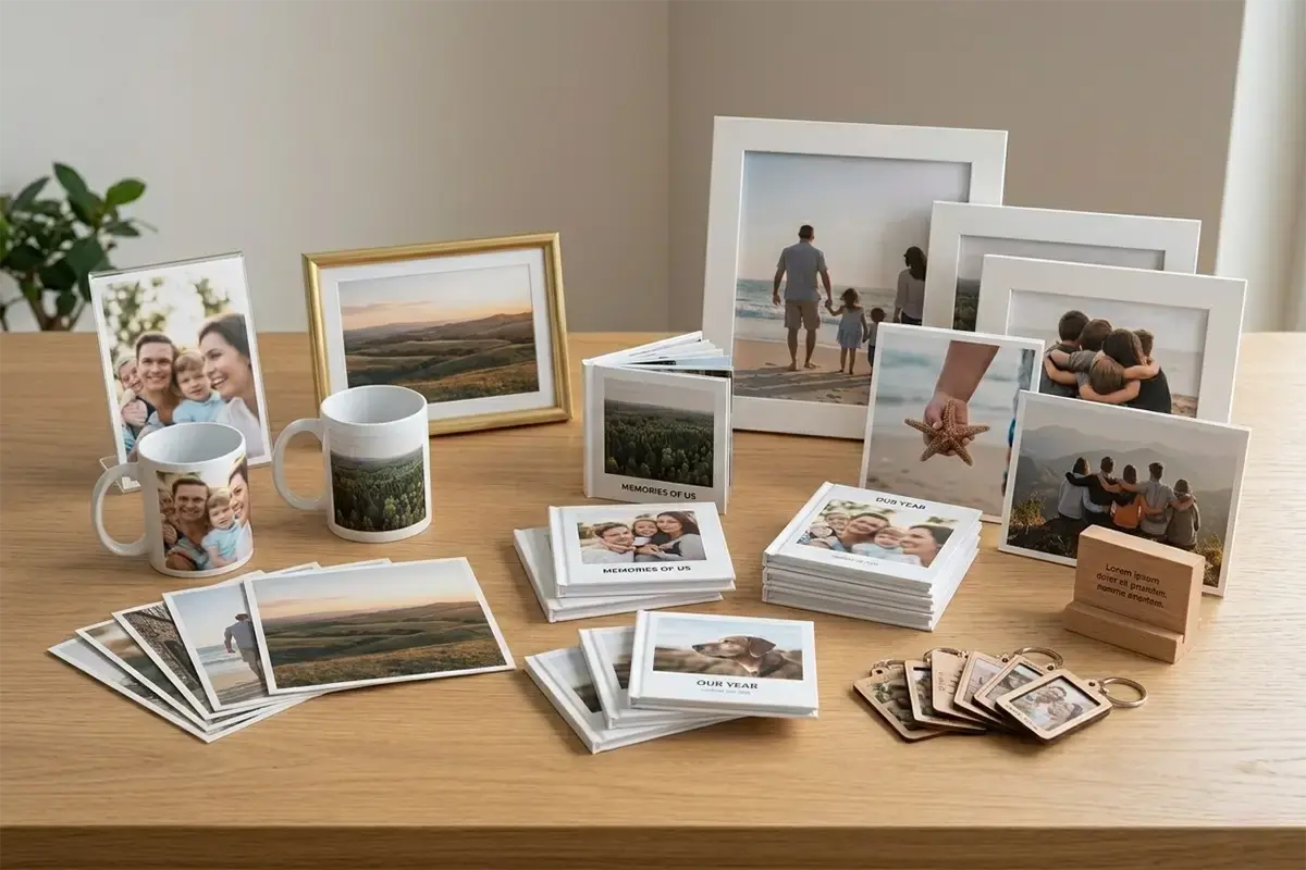 Photo gifts such as mugs desk prints mini books and small framed prints arranged in a clean modern setting