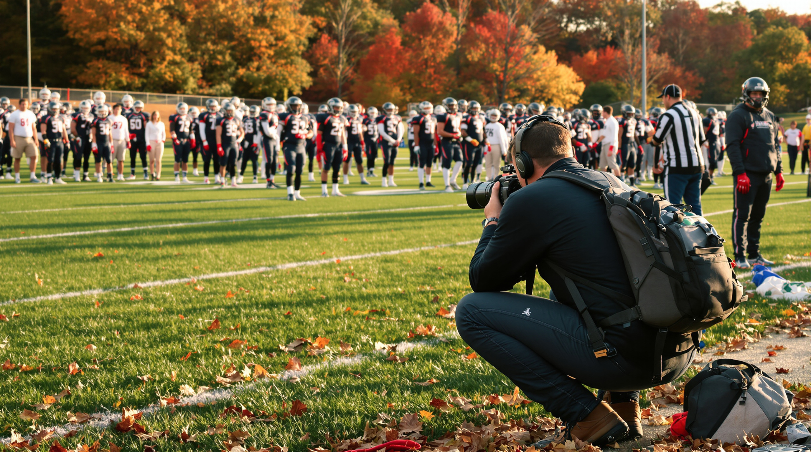 Sports photographer capturing youth football game in Louisville with fall foliage and players in uniform on grass field