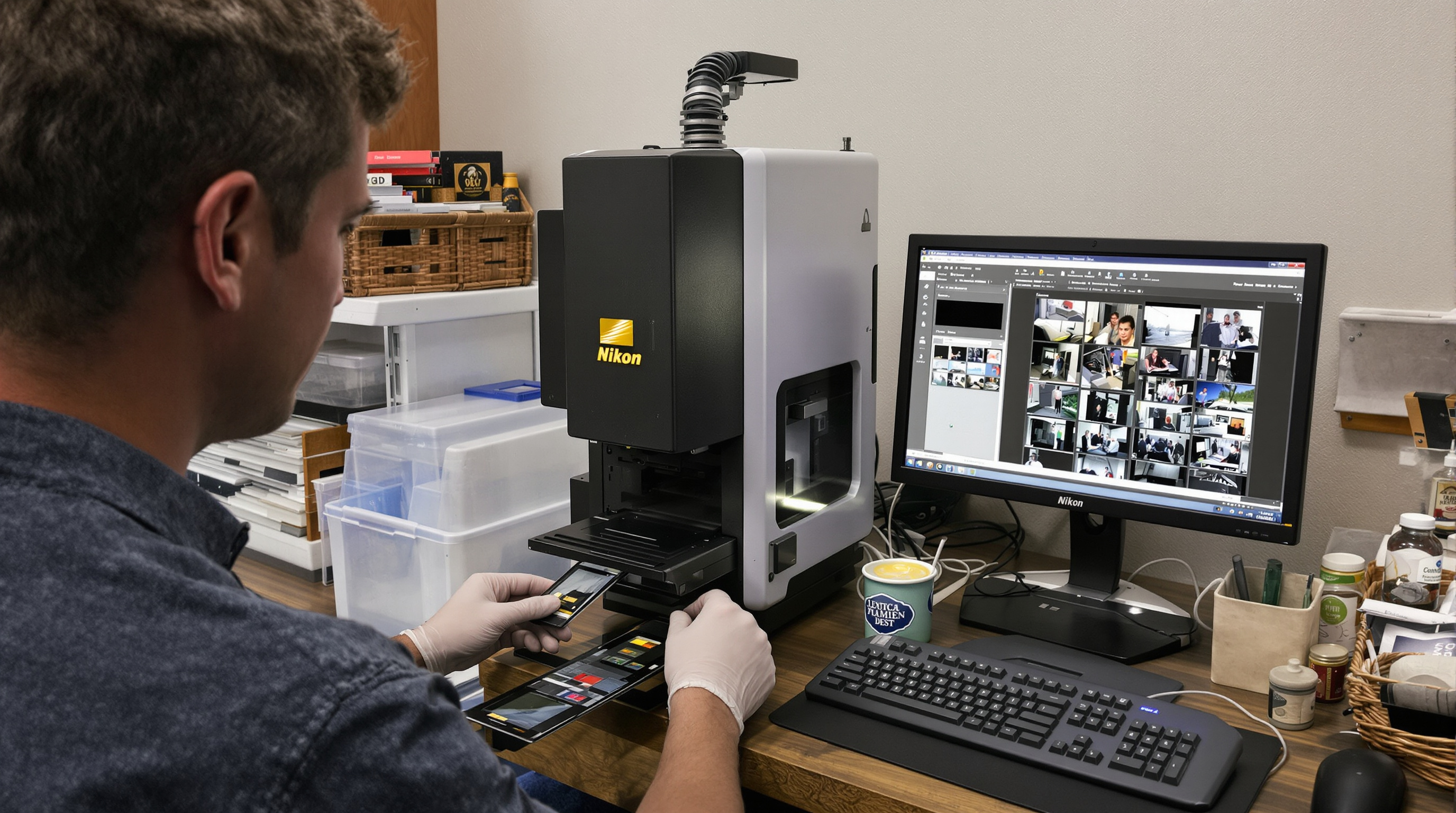 Professional film scanning setup in a Louisville photo lab with a high-end Nikon Coolscan film scanner digitizing vintage 35mm slides and negatives, showing the technician carefully handling delicate film strips with white gloves, surrounded by archival st