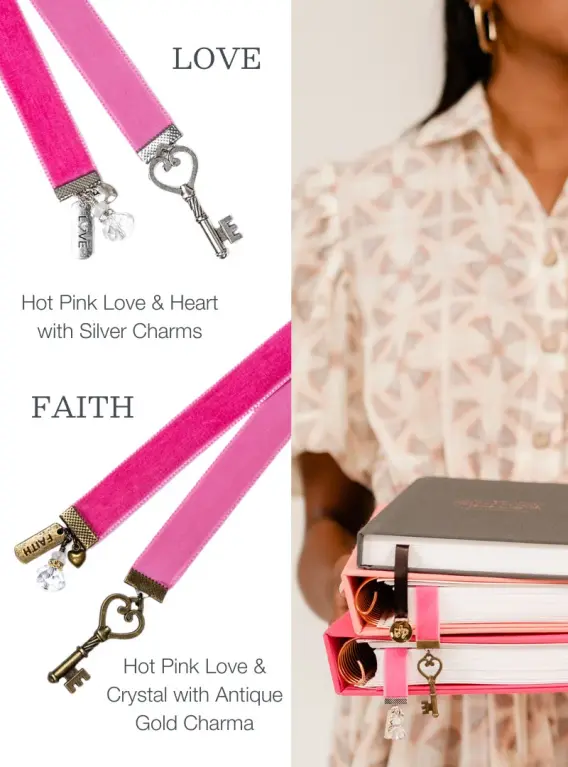 Dutch & Deckle Journal and Planner with Hot Pink Love & Heart Key in Silver, Gold and Crystal Charms