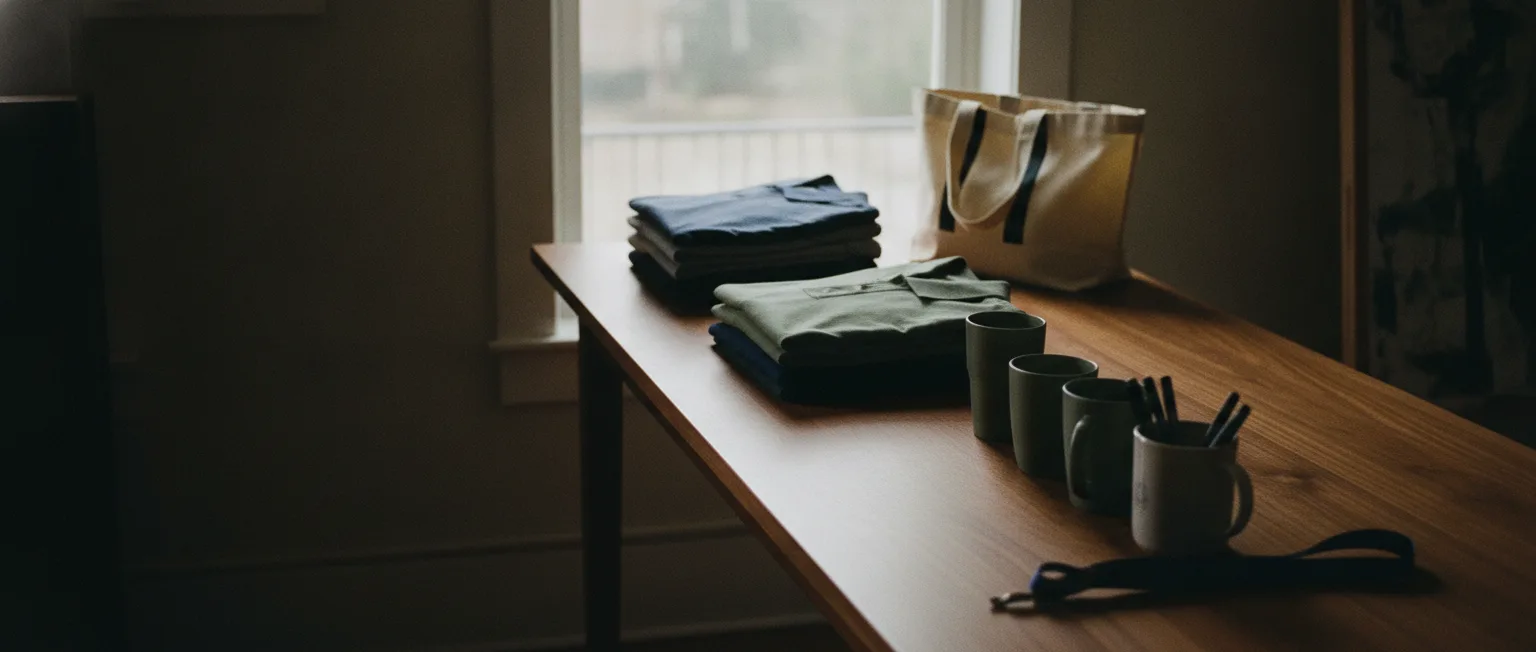 Folded t-shirts and polos, a canvas tote bag, mugs, pens and a lanyard on a walnut table by a window.