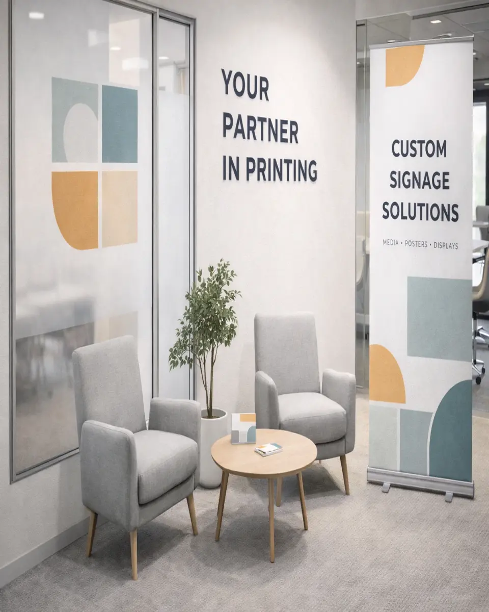 A clean office branding package with printed collateral and presentation materials