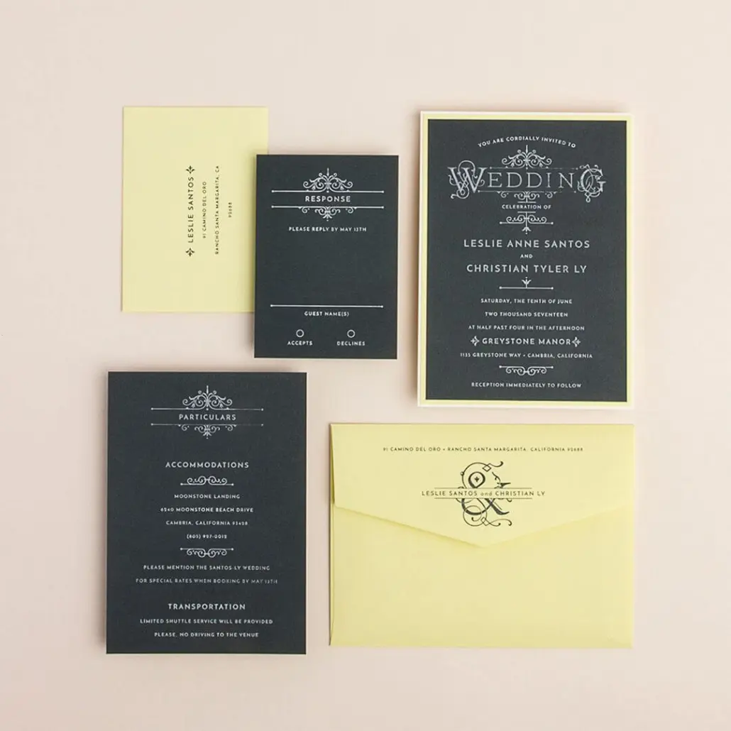 Wedding invitation suite with envelopes