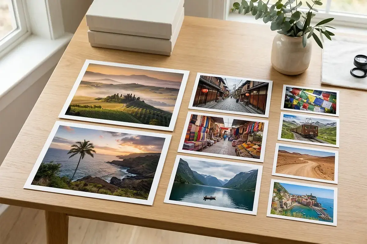 Finished photo prints laid out neatly on a clean table with color-accurate travel and destination-style images and a professional print lab feel