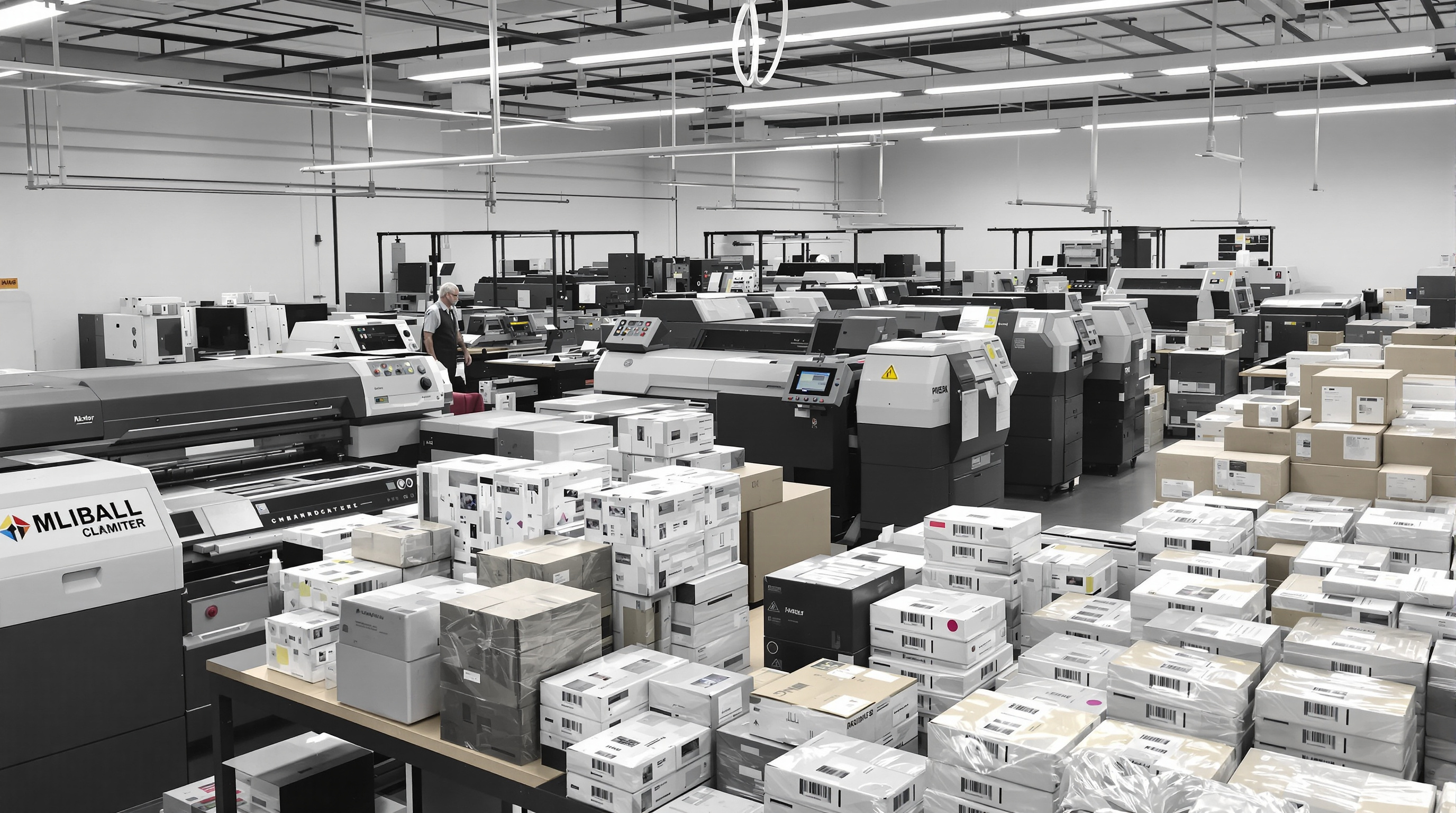 Professional photography printing lab with modern calibrated printers, organized workflow stations showing digital ordering systems, quality control checkpoints, and neatly packaged print orders ready for shipping to photographers.