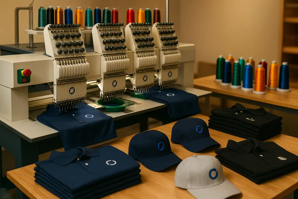 Embroidery machine stitching logo on fabric