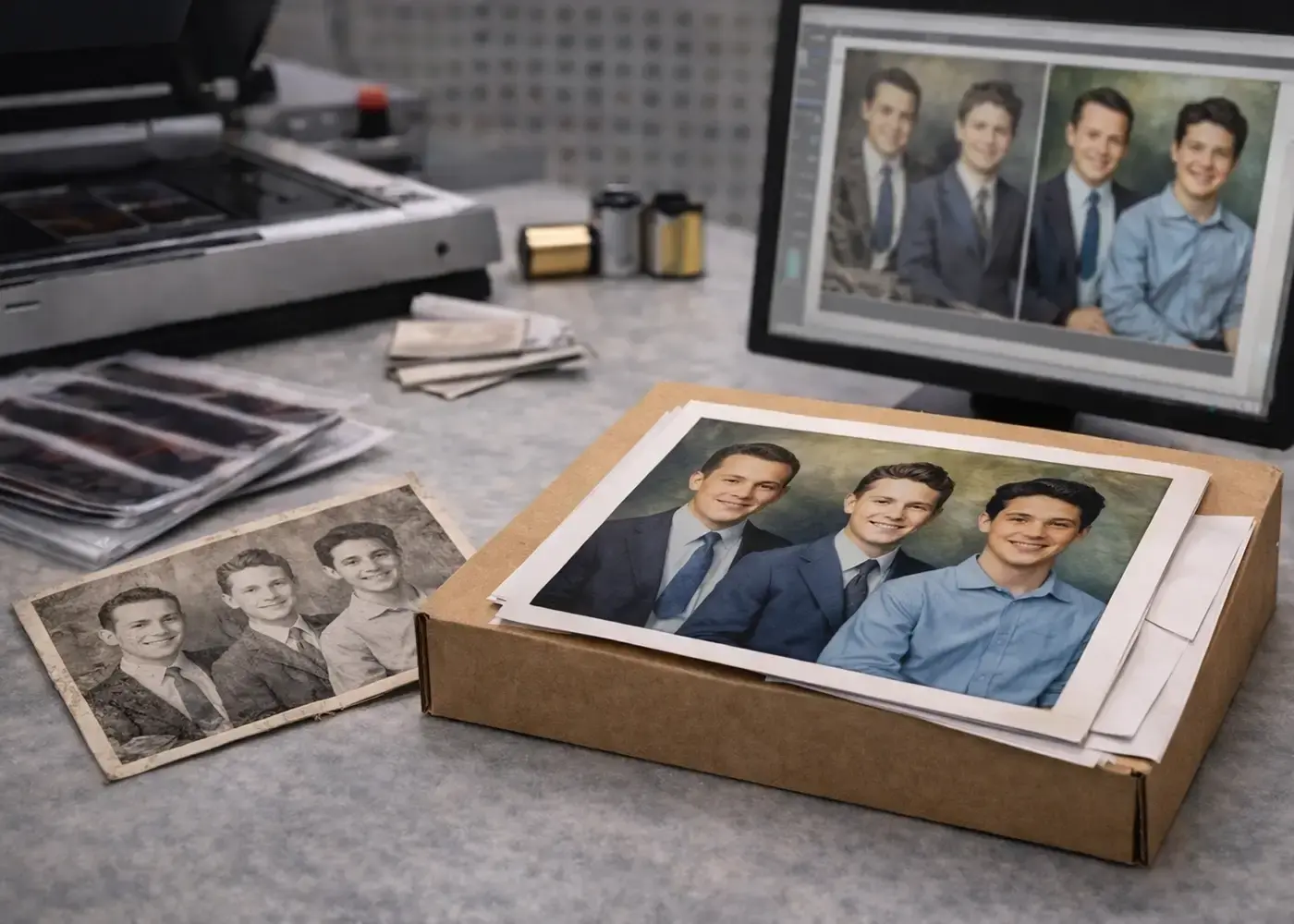 Workspace showing vintage photos, negatives, and restoration results on screen for scanning and preservation services.