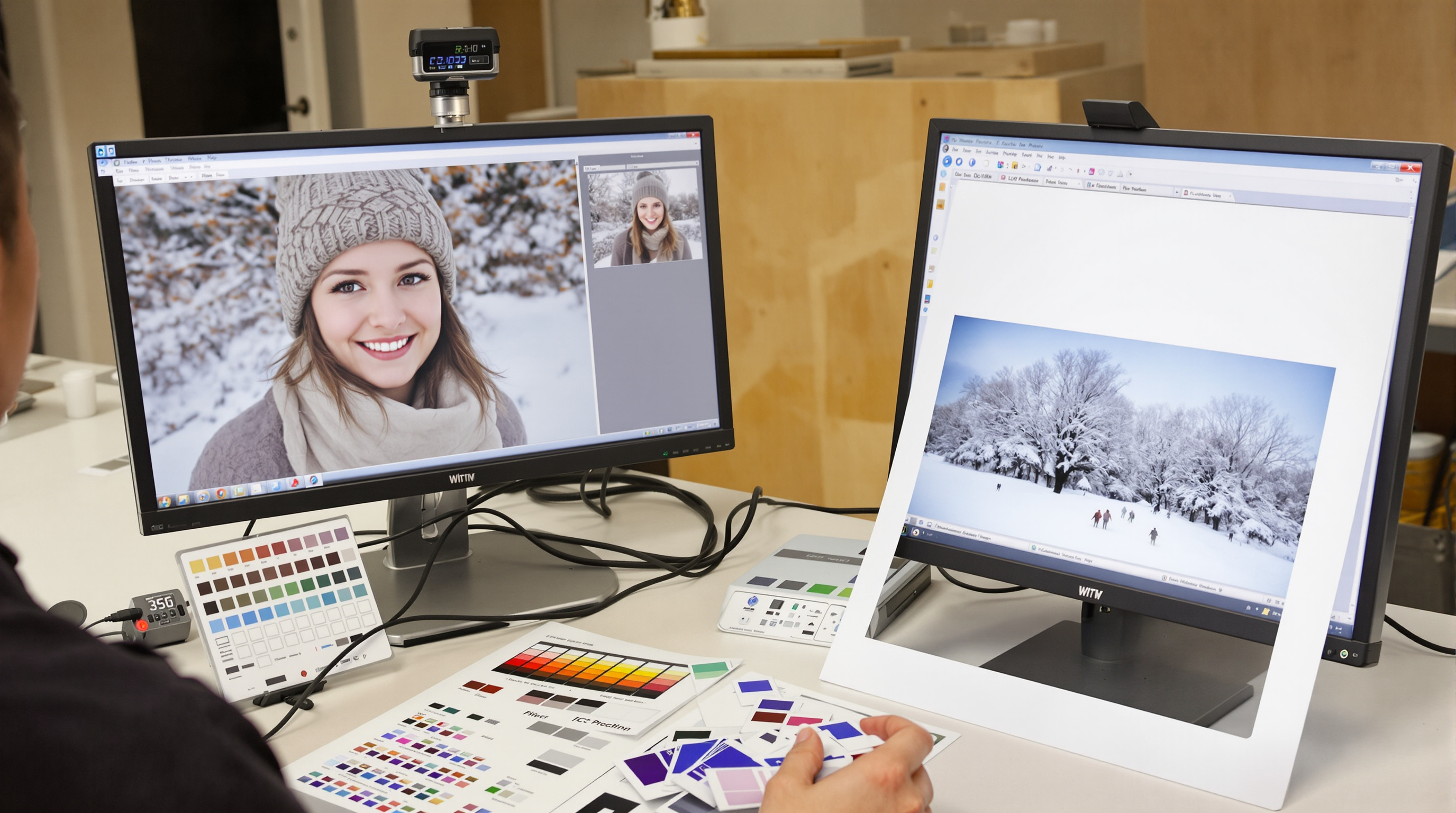 Professional photographer examining color calibrated monitor showing winter portrait side-by-side with printed version on high-quality photo paper. Visible calibration device attached to screen, ICC profile chart nearby, soft proofing software open, and co