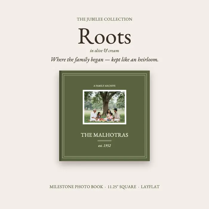 Roots photo book from The Jubilee Collection, classic olive & cream