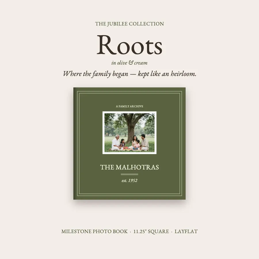 Roots family archive photo book with an olive cover and a framed family photograph
