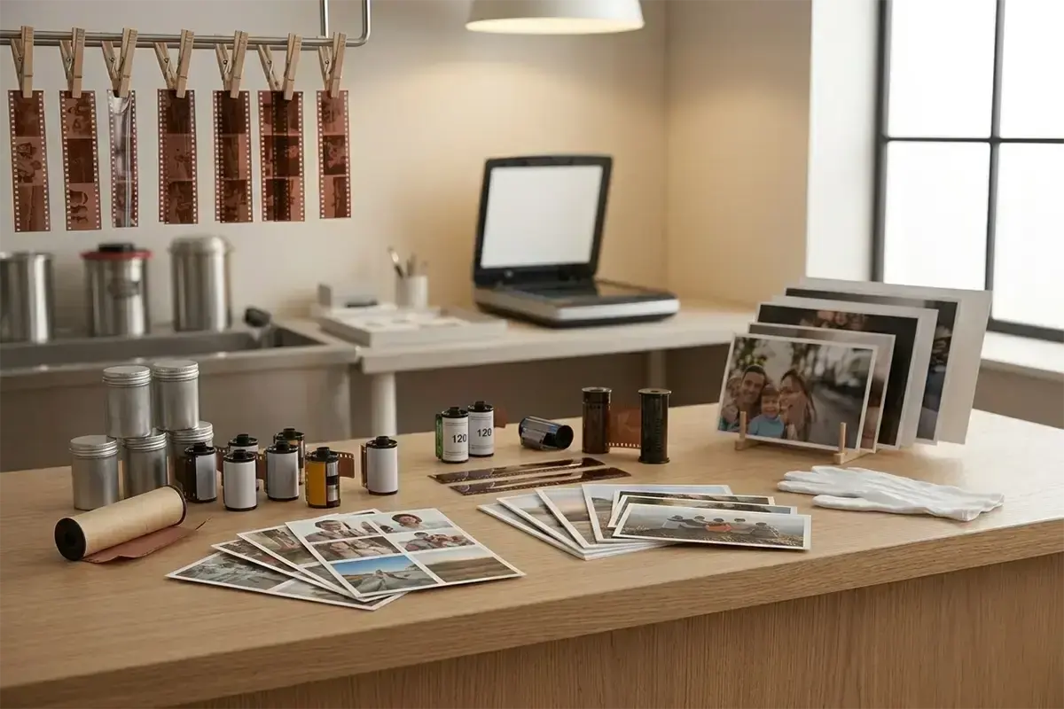 Film developing counter with 35mm and 120 film canisters negatives archival sleeves and a clean professional lab workspace