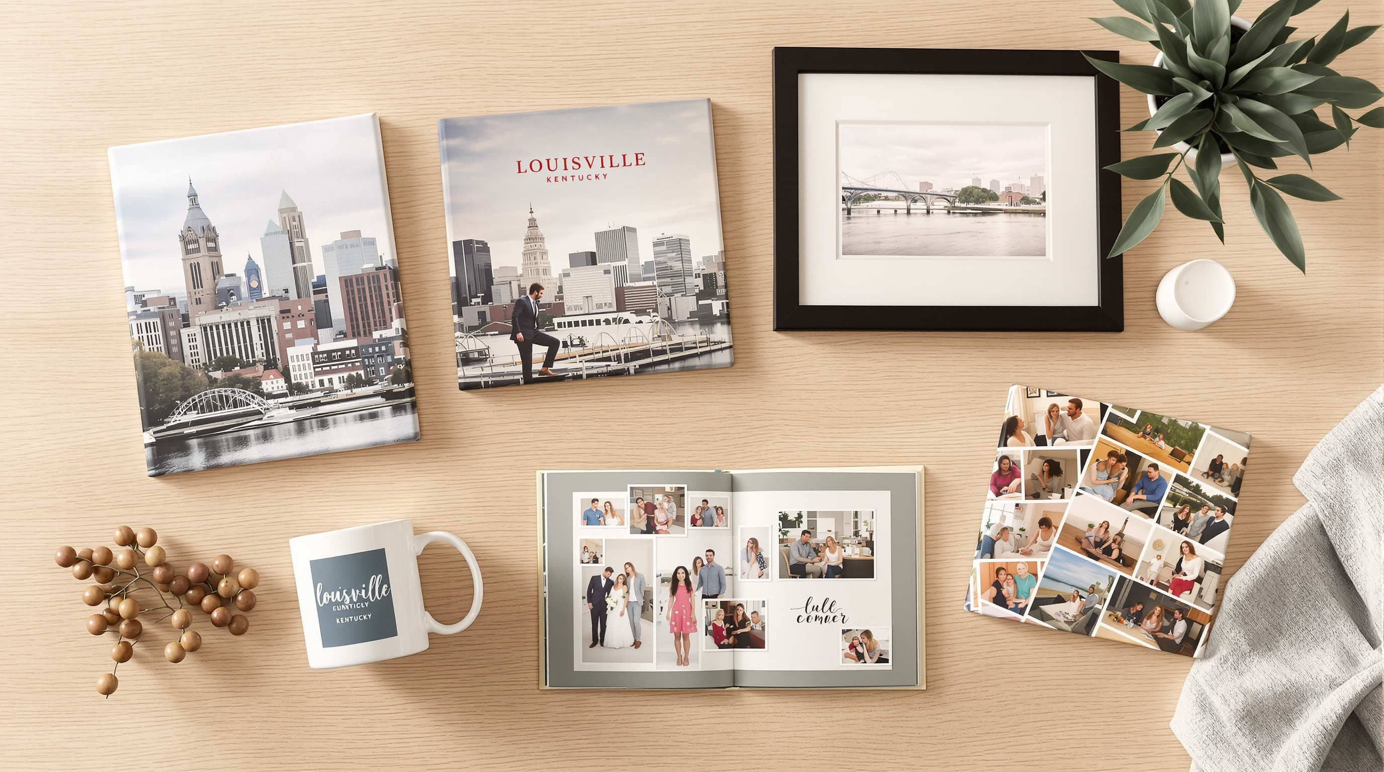 A beautifully arranged flat lay of personalized photo gifts including a canvas print, a custom photo mug, a framed photo collage, and a photo book on a warm wooden table, soft natural lighting, Louisville Kentucky subtle skyline in the background, warm ton