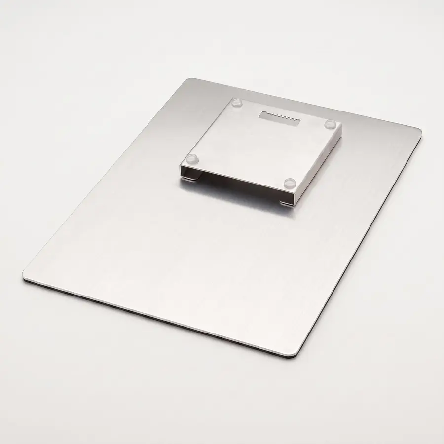 Float mount hanger attached to the back of a metal print