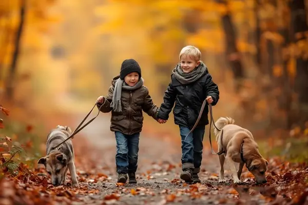 Two young boys walking dogs on a leaf-covered path in autumn forest