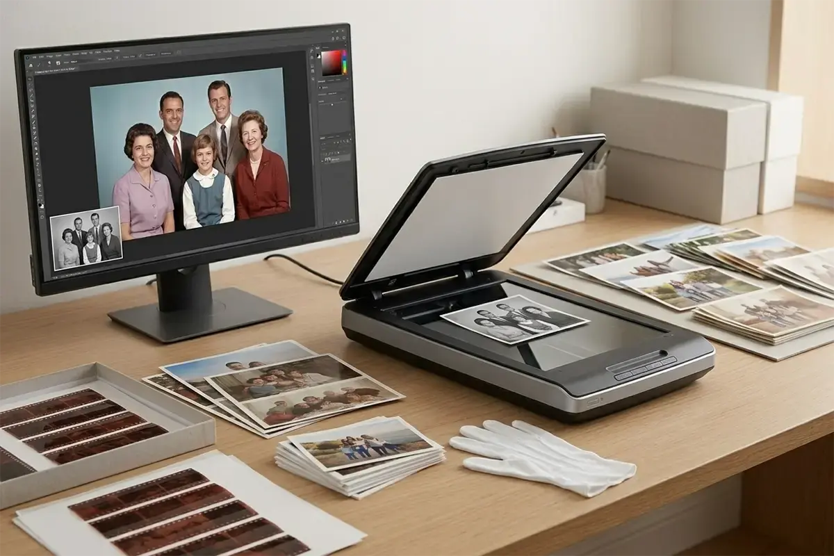 Old photographs film strips and a monitor displaying a restored image in a clean archival workspace