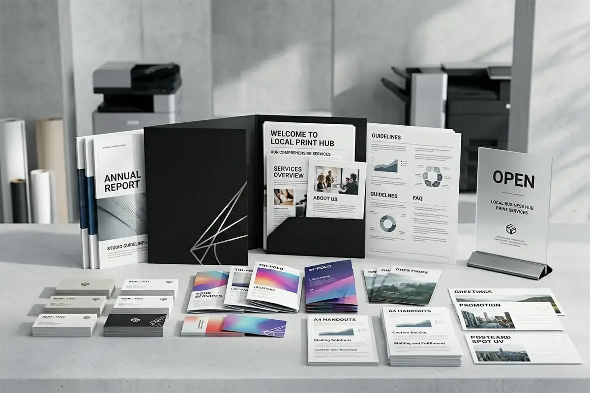Business printing package with brochures, postcards, business cards, presentation folders, handouts, and signage samples