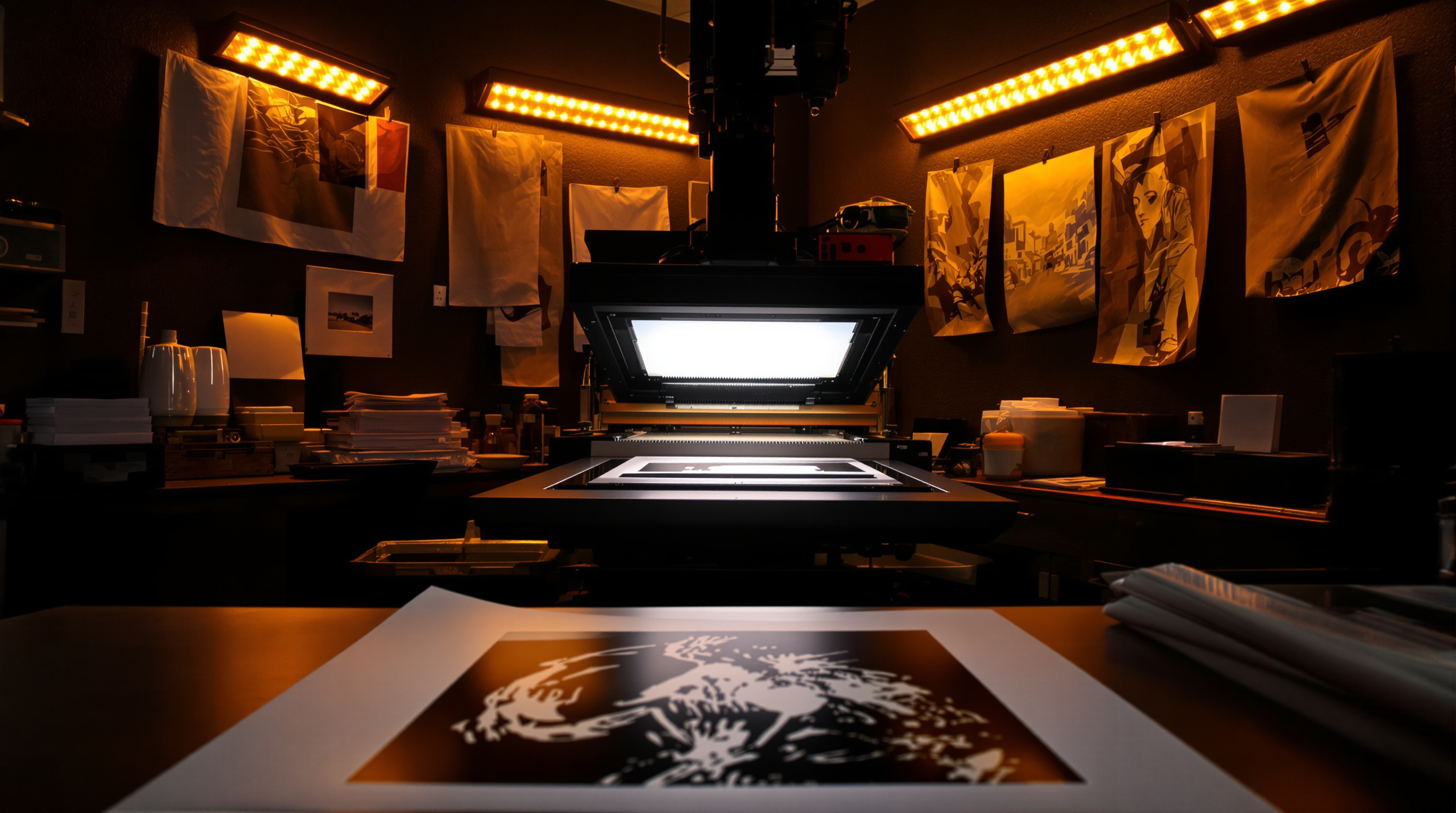 A dramatic photograph of a traditional darkroom with an enlarger projecting light onto photographic paper, with developed prints hanging to dry nearby. The scene is illuminated by warm amber safelights, showing various photographic papers, chemical trays, 