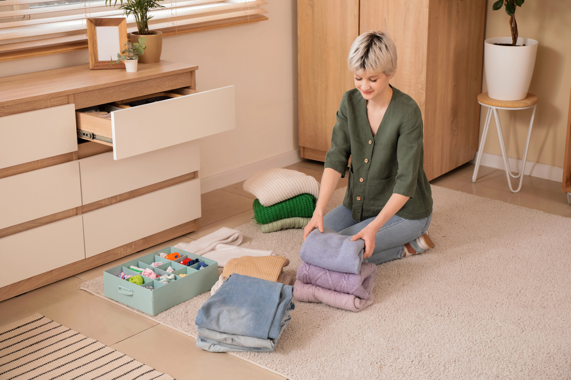  A person going through and organizing their dresser while they declutter their home.