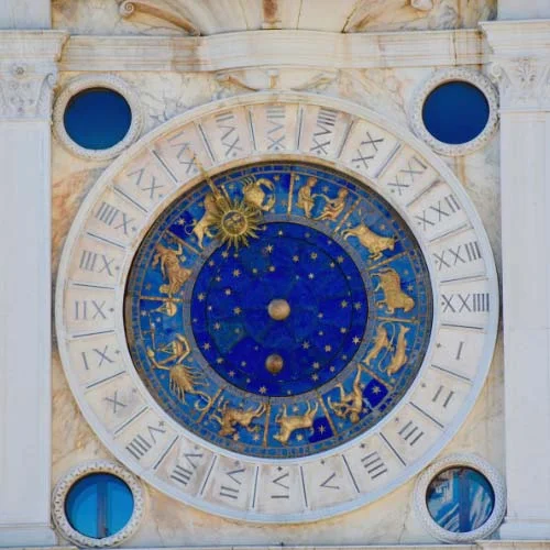 Old art mosaic blue tile with gold zodiac icons and symbols