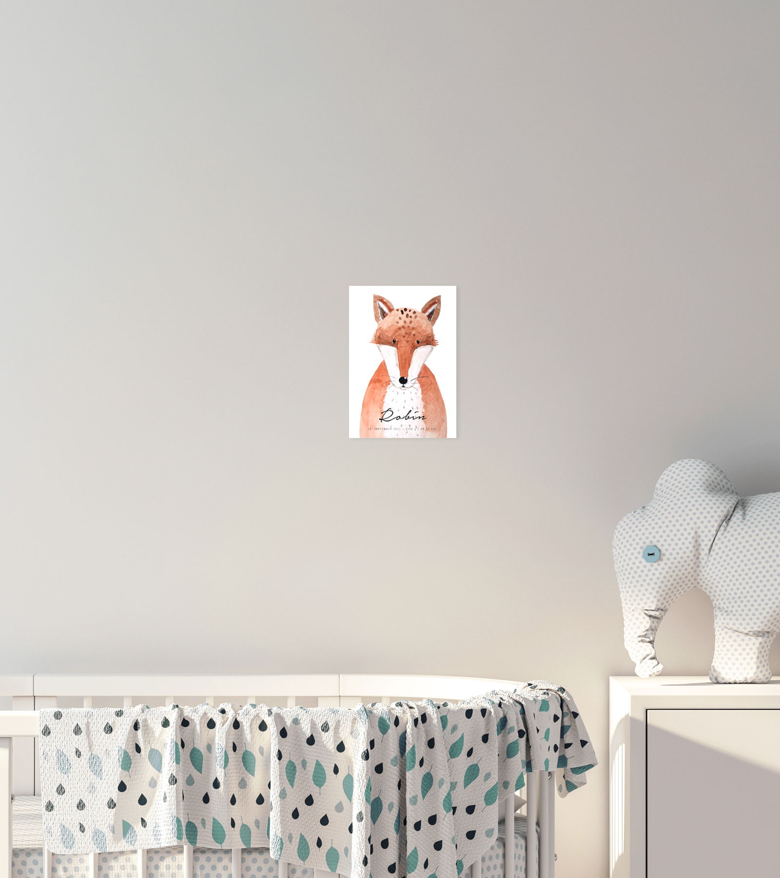 Kinderzimmer mit Geburtsposter mit Fuchs-Motiv